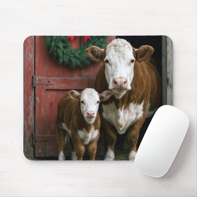 Christmas Hereford Cow and Calf Mouse Mat (With Mouse)