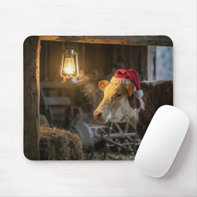 Christmas Hereford Cow in a Barn Mouse Mat (With Mouse)