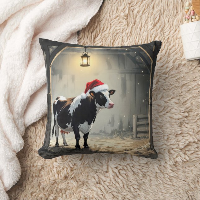 Christmas Hereford Cow In Barn Doorway Cushion (Blanket)