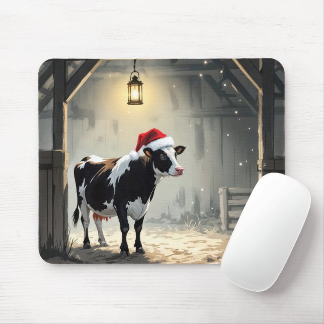 Christmas Hereford Cow In Barn Doorway Mouse Mat (With Mouse)