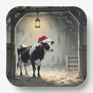 Christmas Hereford Cow In Barn Doorway Paper Plate