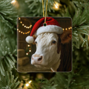 Christmas Hereford Cow Wearing a Santa Hat Ceramic Ornament