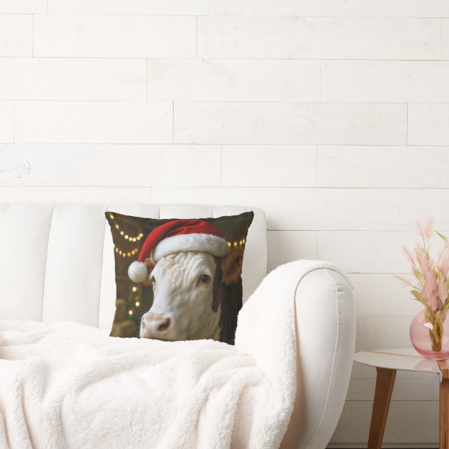 Christmas Hereford Cow Wearing a Santa Hat Cushion (Couch)