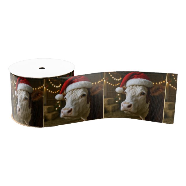 Christmas Hereford Cow Wearing a Santa Hat Grosgrain Ribbon (Spool)