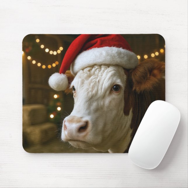 Christmas Hereford Cow Wearing a Santa Hat Mouse Mat (With Mouse)
