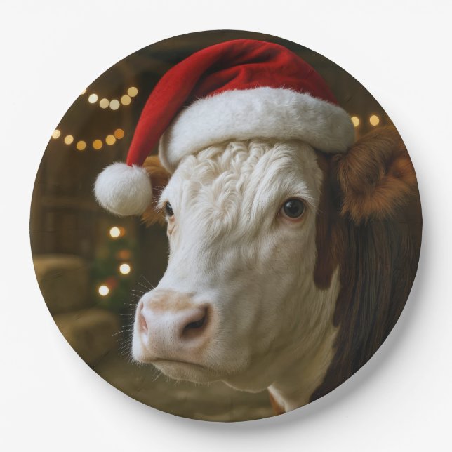 Christmas Hereford Cow Wearing a Santa Hat Paper Plate (Front)