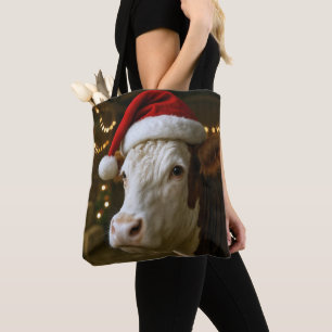 Christmas Hereford Cow Wearing a Santa Hat Tote Bag