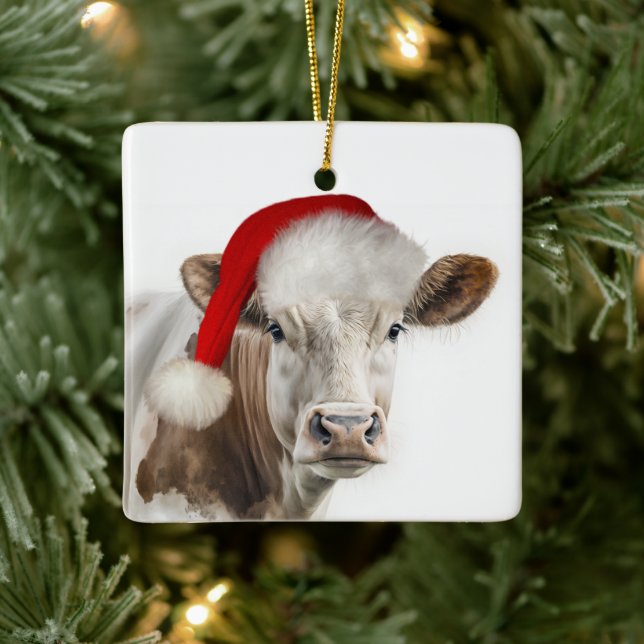 Christmas Hereford Cow With Santa Hat Ceramic Ornament (Tree)