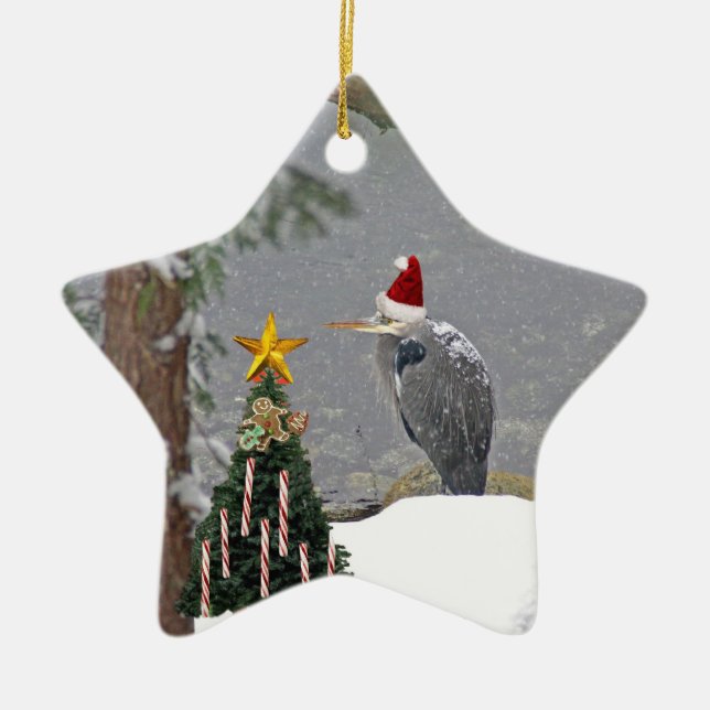 Christmas Heron in Snow Photo Ceramic Tree Decoration (Front)