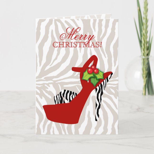 Christmas High Heel Shoe Zebra Red Holiday Card (Front)