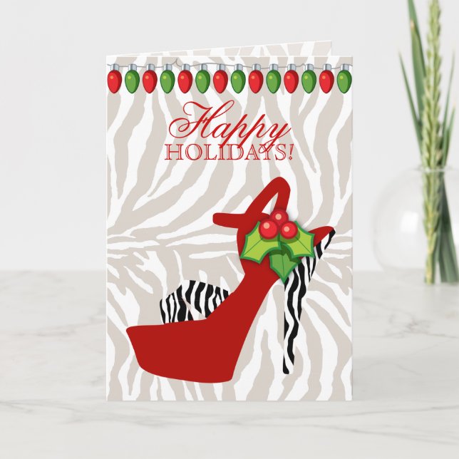 Christmas High Heel Shoe Zebra Red Lights Holiday Card (Front)