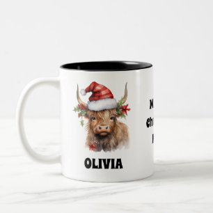 Christmas Highland Calf Festive Personalized Two-Tone Coffee Mug