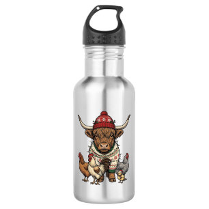 Christmas Highland Cow and Chickens Vintage Engrav 532 Ml Water Bottle