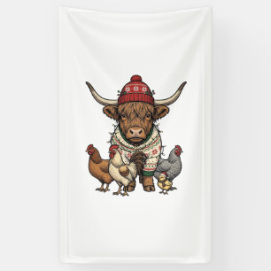 Christmas Highland Cow and Chickens Vintage Engrav Banner