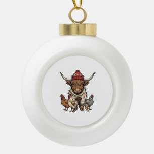 Christmas Highland Cow and Chickens Vintage Engrav Ceramic Ball Christmas Ornament