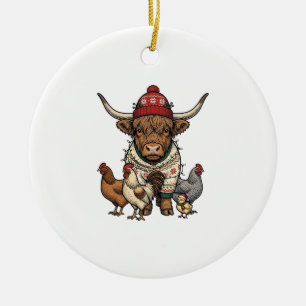 Christmas Highland Cow and Chickens Vintage Engrav Ceramic Tree Decoration