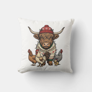 Christmas Highland Cow and Chickens Vintage Engrav Cushion