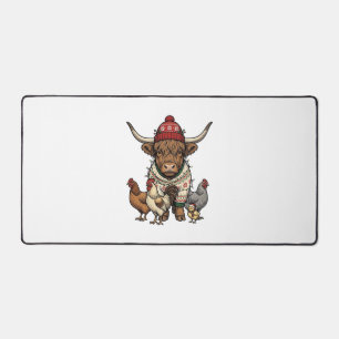 Christmas Highland Cow and Chickens Vintage Engrav Desk Mat
