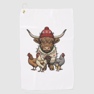 Christmas Highland Cow and Chickens Vintage Engrav Golf Towel