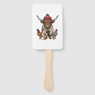 Christmas Highland Cow and Chickens Vintage Engrav Hand Fan