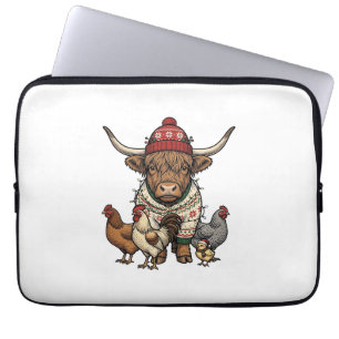 Christmas Highland Cow and Chickens Vintage Engrav Laptop Sleeve