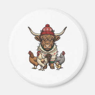 Christmas Highland Cow and Chickens Vintage Engrav Magnet