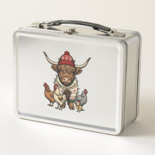 Christmas Highland Cow and Chickens Vintage Engrav Metal Lunch Box