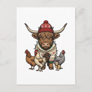 Christmas Highland Cow and Chickens Vintage Engrav Postcard