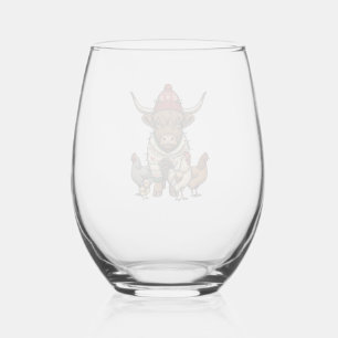 Christmas Highland Cow and Chickens Vintage Engrav Stemless Wine Glass