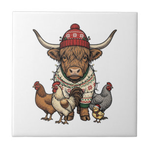 Christmas Highland Cow and Chickens Vintage Engrav Tile