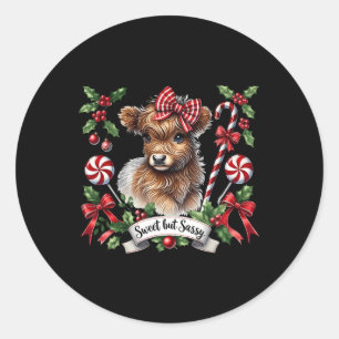 Christmas Highland Cow Candy Canes Vintage Heifer Classic Round Sticker