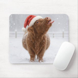 Christmas Highland Cow Catching Snowflakes Mouse Mat