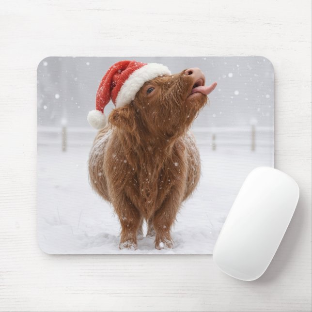 Christmas Highland Cow Catching Snowflakes Mouse Mat (With Mouse)