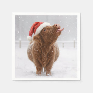 Christmas Highland Cow Catching Snowflakes Napkin
