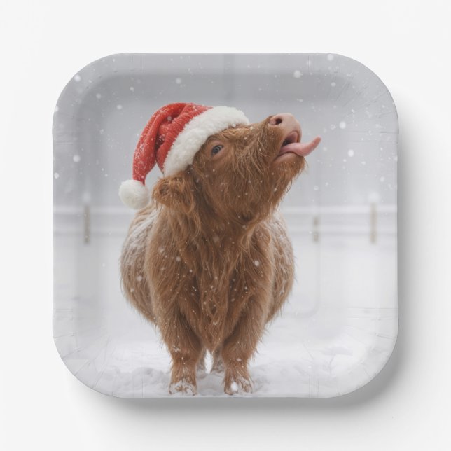 Christmas Highland Cow Catching Snowflakes Paper Plate (Front)