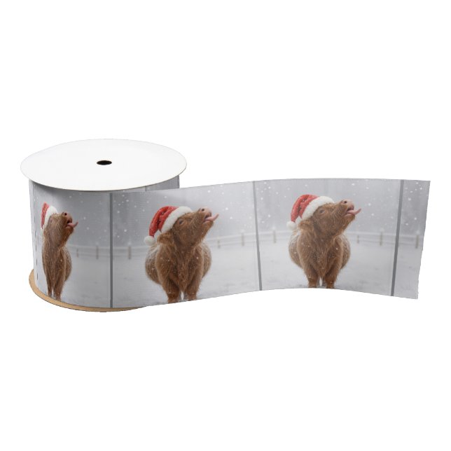 Christmas Highland Cow Catching Snowflakes Satin Ribbon (Spool)