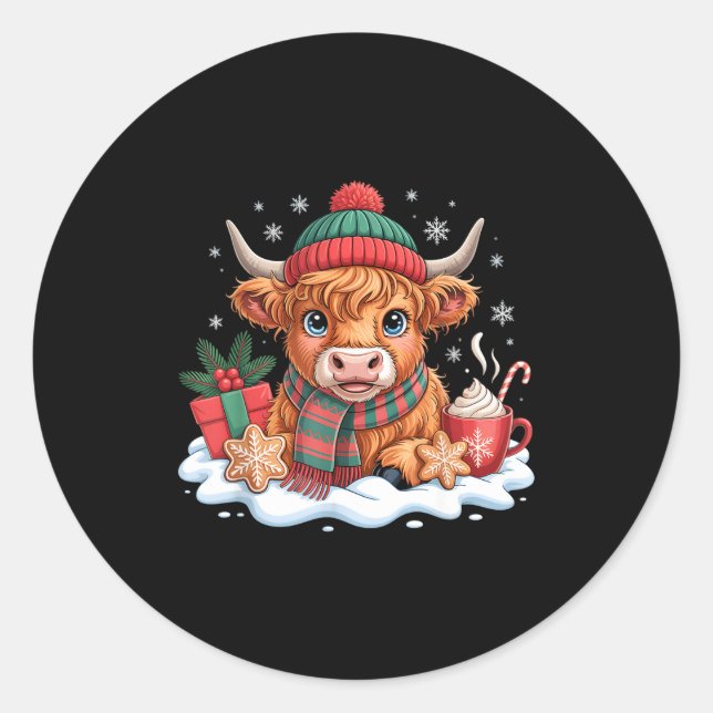 Christmas Highland Cow Cute Heifer Cow Santa Hat M Classic Round Sticker (Front)