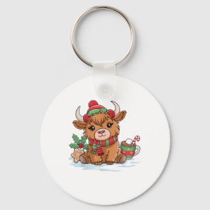 Christmas Highland Cow Cute Heifer Cow Santa Hat M Key Ring