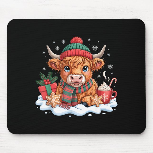 Christmas Highland Cow Cute Heifer Cow Santa Hat M Mouse Mat (Front)