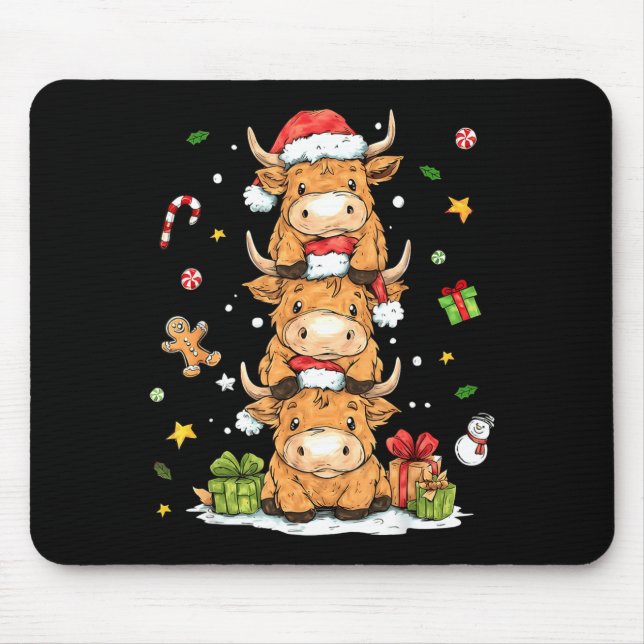 Christmas Highland Cow Cute Heifer Cow Santa Hat M Mouse Mat (Front)