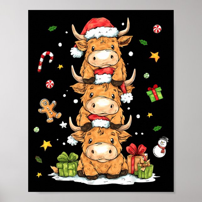 Christmas Highland Cow Cute Heifer Cow Santa Hat M Poster (Front)
