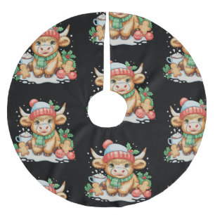 Christmas Highland Cow Cute Heifer Mooey Santa Hat Brushed Polyester Tree Skirt