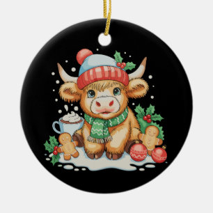 Christmas Highland Cow Cute Heifer Mooey Santa Hat Ceramic Tree Decoration
