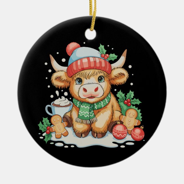 Christmas Highland Cow Cute Heifer Mooey Santa Hat Ceramic Tree Decoration (Front)