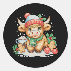 Christmas Highland Cow Cute Heifer Mooey Santa Hat Classic Round Sticker