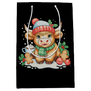 Christmas Highland Cow Cute Heifer Mooey Santa Hat Medium Gift Bag