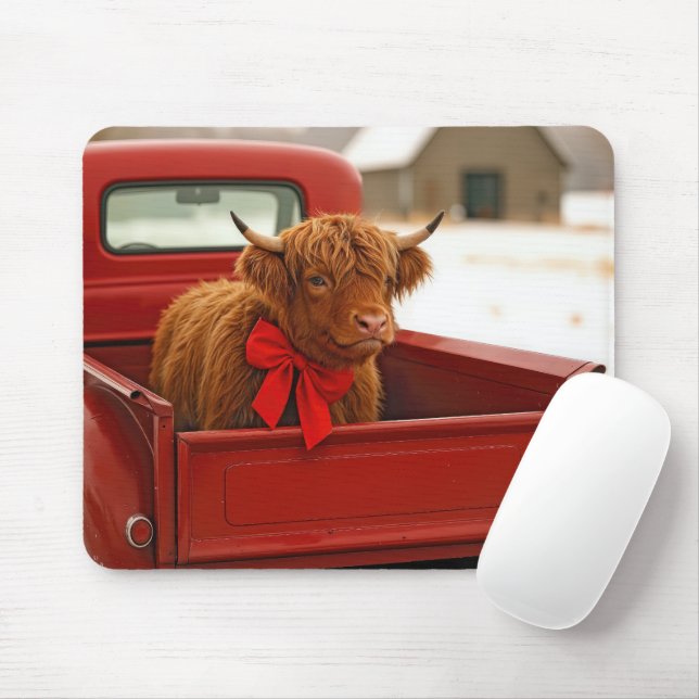 Christmas Highland Cow In Old Red Truck Mouse Mat (With Mouse)