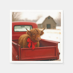 Christmas Highland Cow In Old Red Truck Napkin
