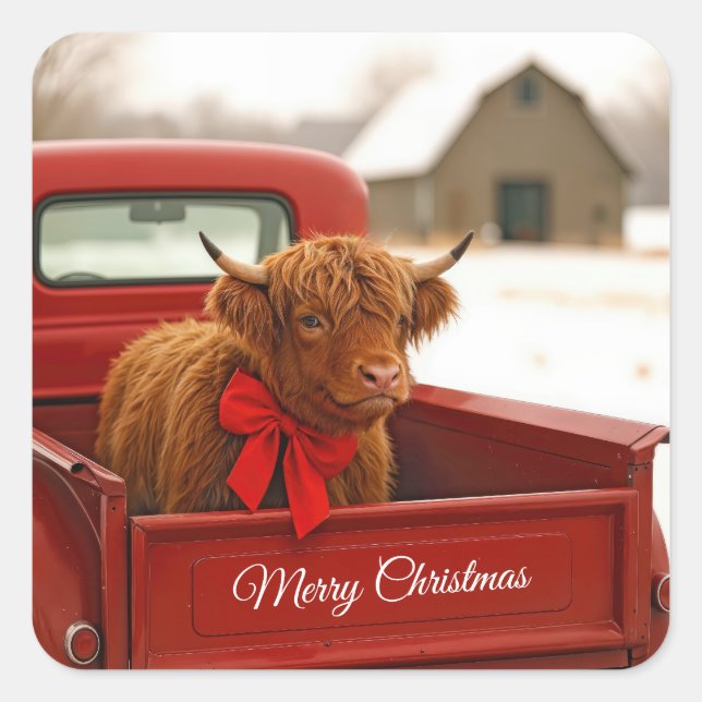 Christmas Highland Cow In Old Red Truck Square Sticker (Front)