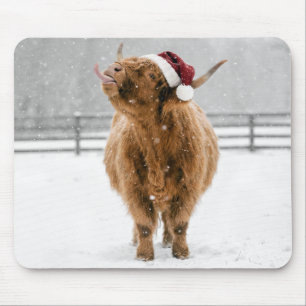 Christmas Highland Cow Licking Snowflakes Mouse Mat